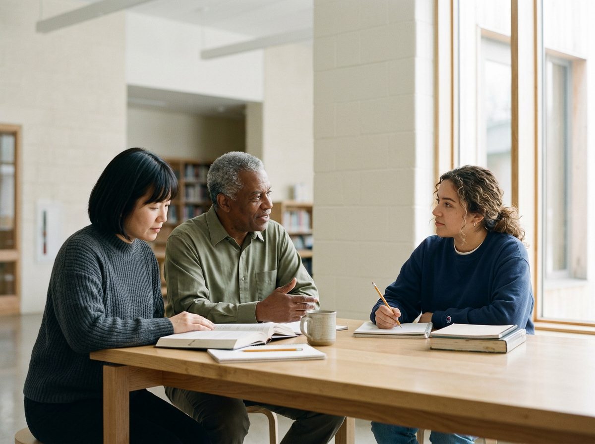 Small group of adults learning together around a table